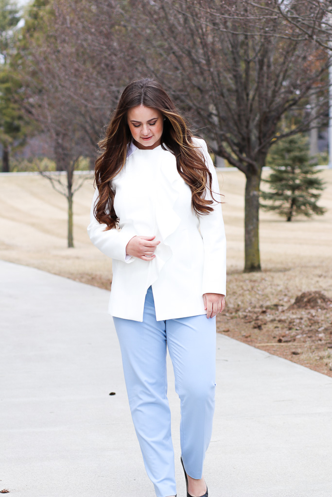 sachin and babi light blue dress Winter White Blazer with Ruffles